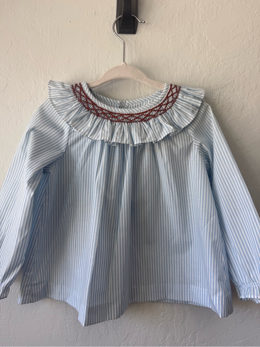 Girls' Light Blue Stripe Ruffle Collar Top with Brown Embroidery